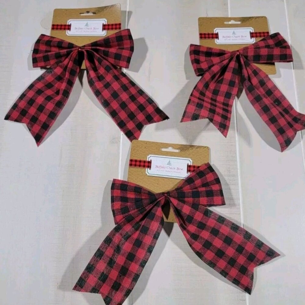 3 Packs ~ Buffalo Check Farmhouse Bows ~ 6.5" x 10" ~ Red & Black ~ 3 Bows